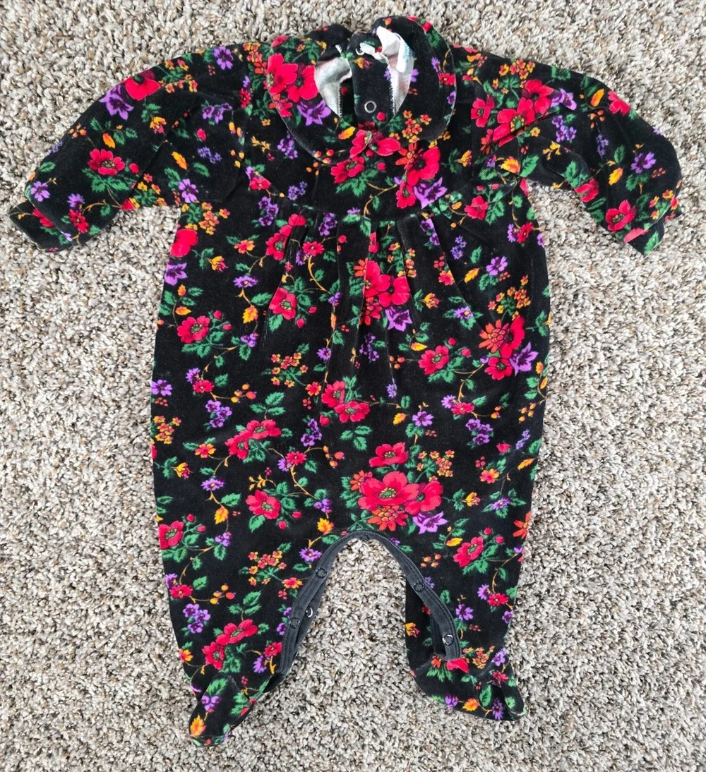 Vtg 1980s Cotton Resources Baby Girls Sz 6/9M Bubble Romper Black Floral Velvet